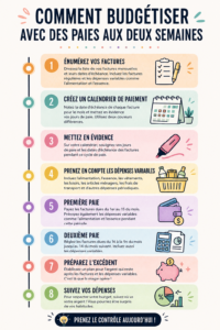 Femme souriante calculant son budget à partir de ses salaires bi-hebdomadaires.