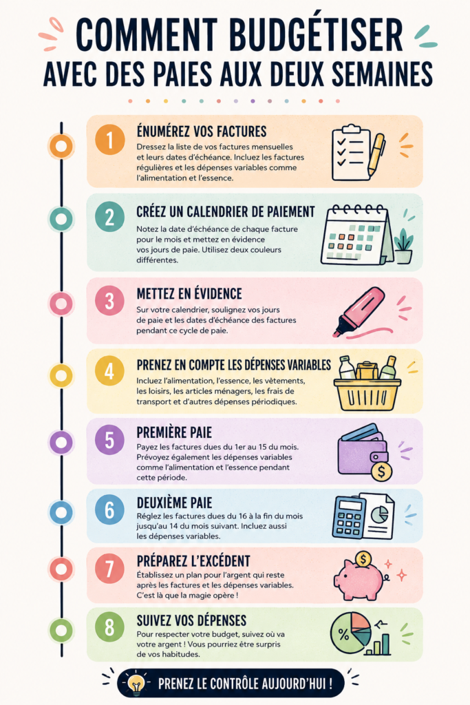Femme souriante calculant son budget à partir de ses salaires bi-hebdomadaires.