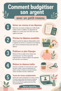 Une femme souriante examinant ses finances avec un cahier et un stylo, symbolisant la gestion de budget