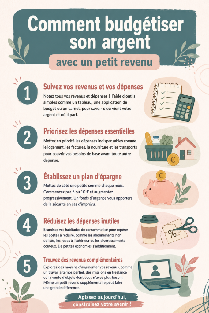 Une femme souriante examinant ses finances avec un cahier et un stylo, symbolisant la gestion de budget