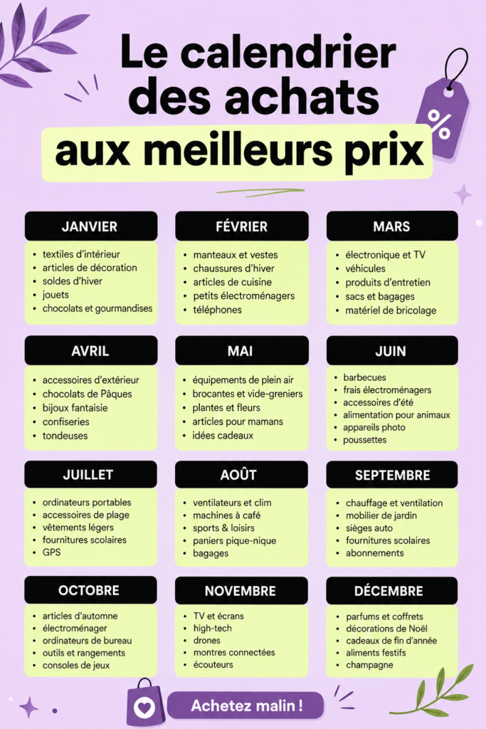 Calendrier des achats avec promotions marquées