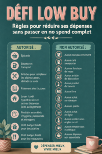 Une femme souriante examinant des produits avant un achat en suivant le défi Low Buy.