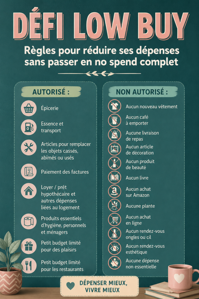 Une femme souriante examinant des produits avant un achat en suivant le défi Low Buy.