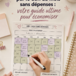 Femme réfléchissant à ses finances avec un carnet et une tasse de thé, illustrant le défi du mois sans dépenses.