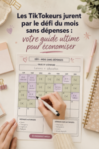 Femme réfléchissant à ses finances avec un carnet et une tasse de thé, illustrant le défi du mois sans dépenses.