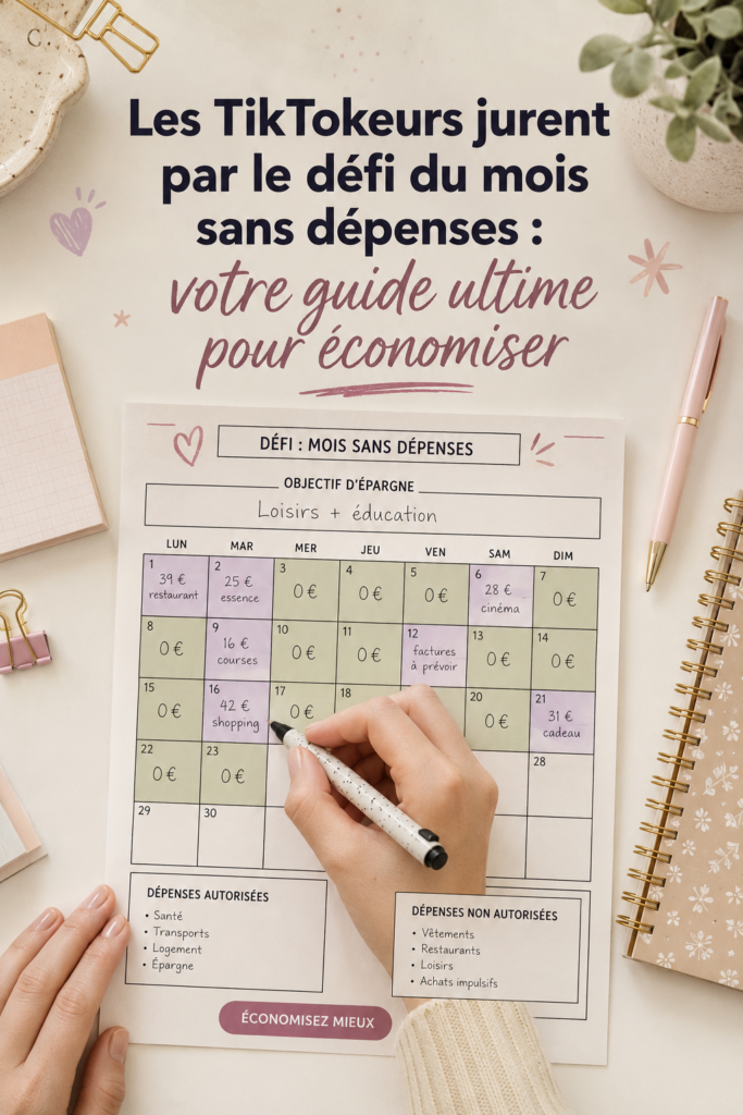 Femme réfléchissant à ses finances avec un carnet et une tasse de thé, illustrant le défi du mois sans dépenses.