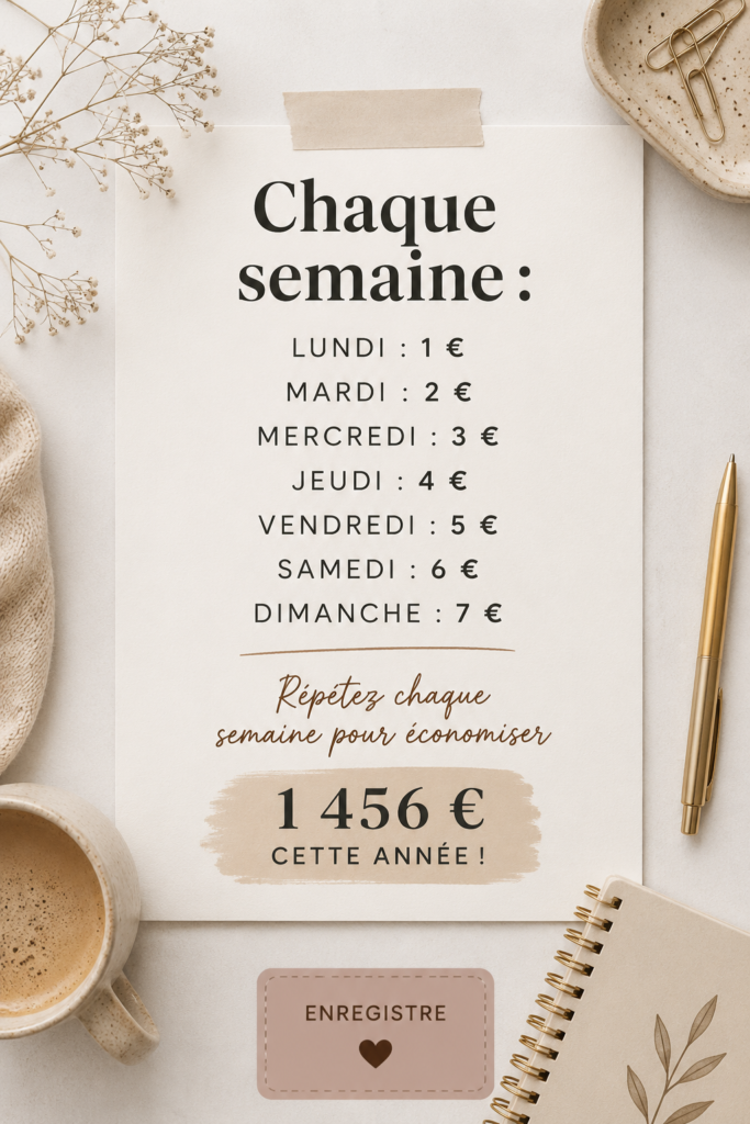 Femme souriante tenant un porte-monnaie remplie de billets, illustrant les économies hebdomadaires.