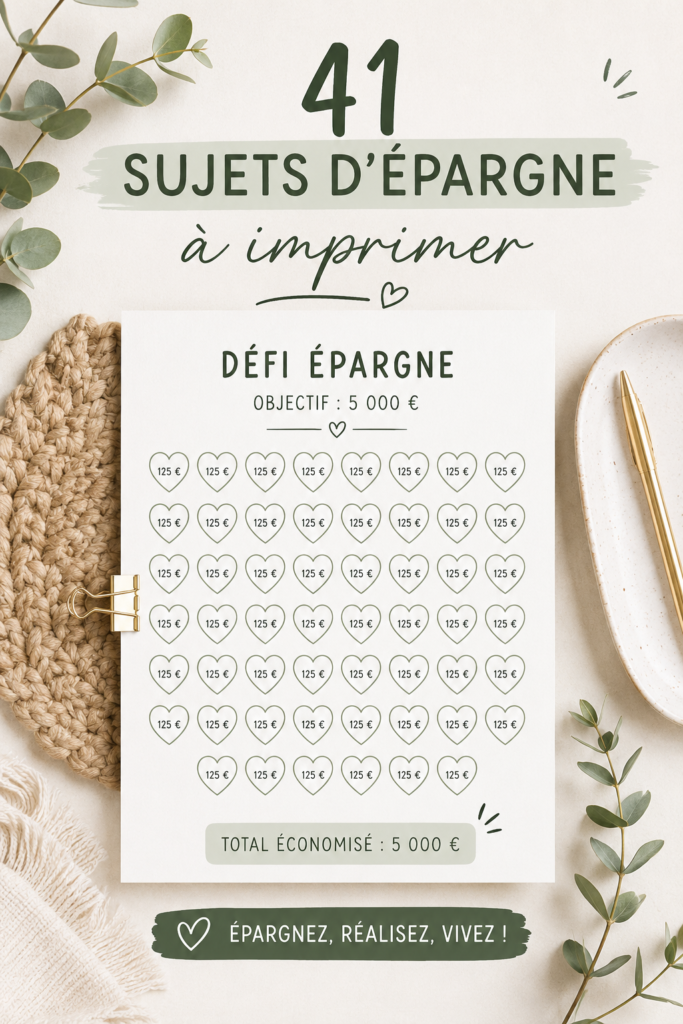 Modèles de suivi d'épargne colorés et pratiques sur une table.
