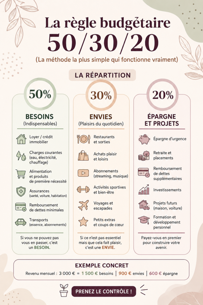 Illustration d'un budget personnel basé sur la règle 50/30/20 et des finances bien gérées.