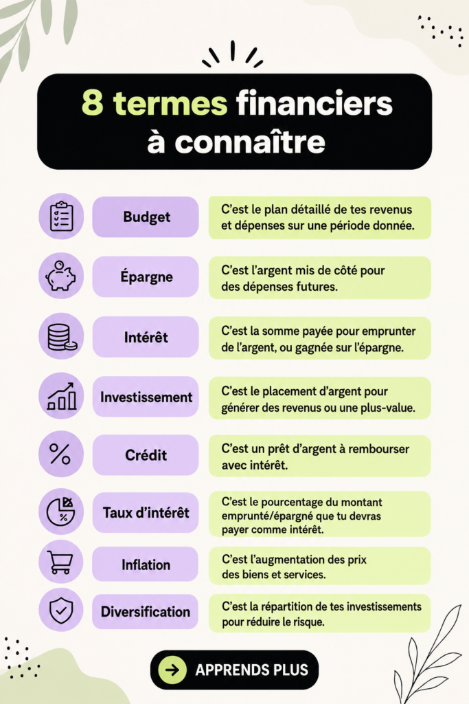 Une femme consultant des documents financiers avec des notes sur des termes clés.
