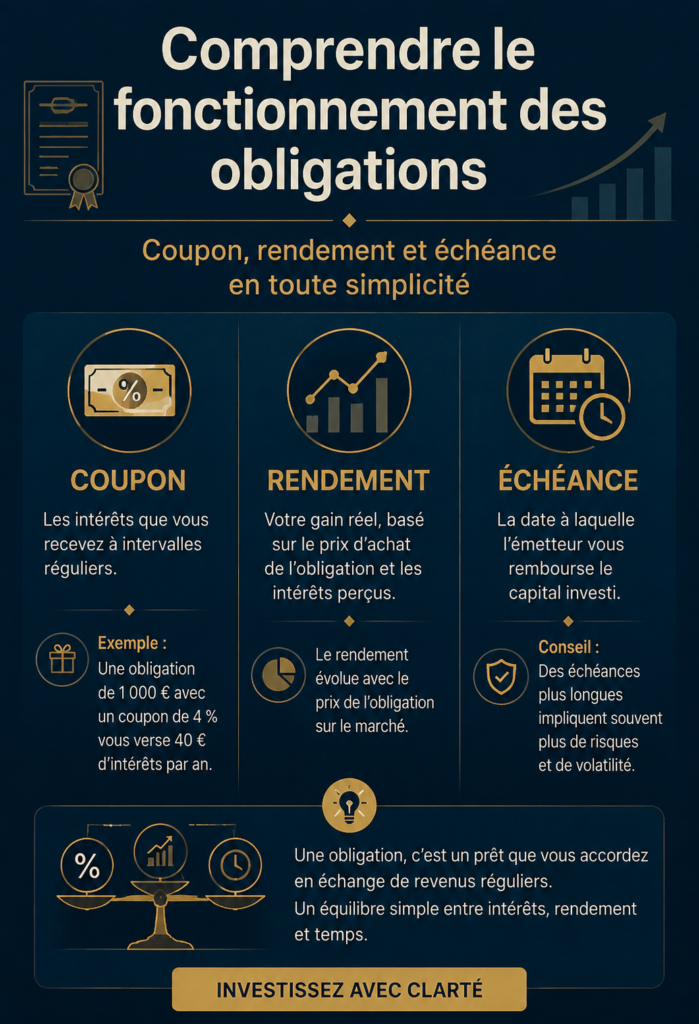 Illustration simples explicative sur le fonctionnement des obligations : coupon, rendement et maturité.