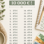 Femme souriante tenant un carnet d'épargne, entourée de billets et de pièces de monnaie.