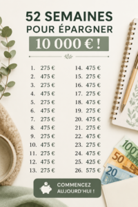 Femme souriante tenant un carnet d'épargne, entourée de billets et de pièces de monnaie.