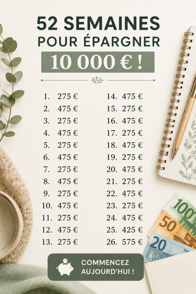 Femme souriante tenant un carnet d'épargne, entourée de billets et de pièces de monnaie.