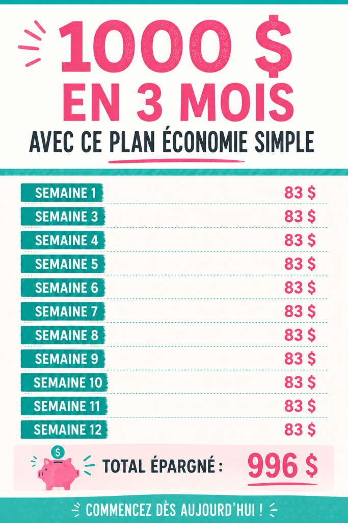 Tableau d'économies simple pour économiser 1000€ en 3 mois sur un bureau.
