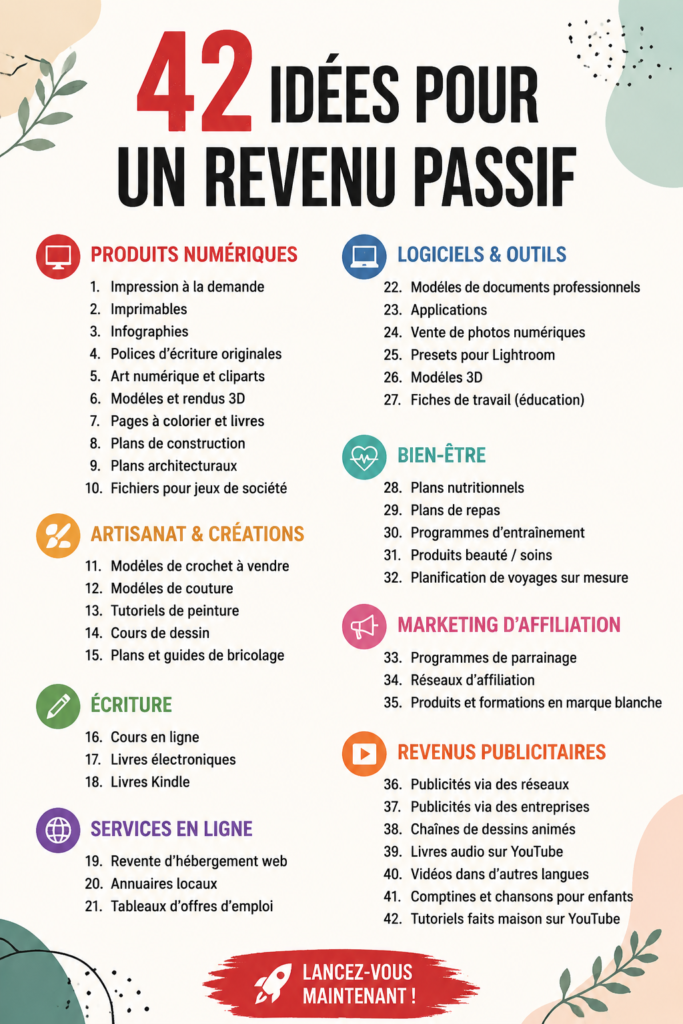 Illustration montrant différentes façons de gagner des revenus passifs.