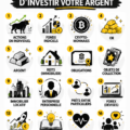 Illustration représentant des différentes options d'investissement comme l'immobilier, les stocks, et les obligations.