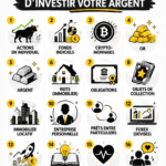 Illustration représentant des différentes options d'investissement comme l'immobilier, les stocks, et les obligations.