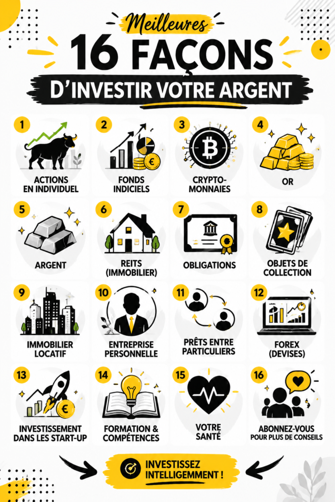Illustration représentant des différentes options d'investissement comme l'immobilier, les stocks, et les obligations.