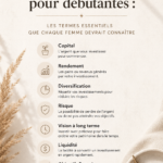 Femme lisant un livre sur l'investissement, entourée de notes financières, représentant la connaissance financière pour les femmes.