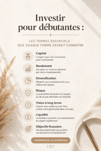 Femme lisant un livre sur l'investissement, entourée de notes financières, représentant la connaissance financière pour les femmes.