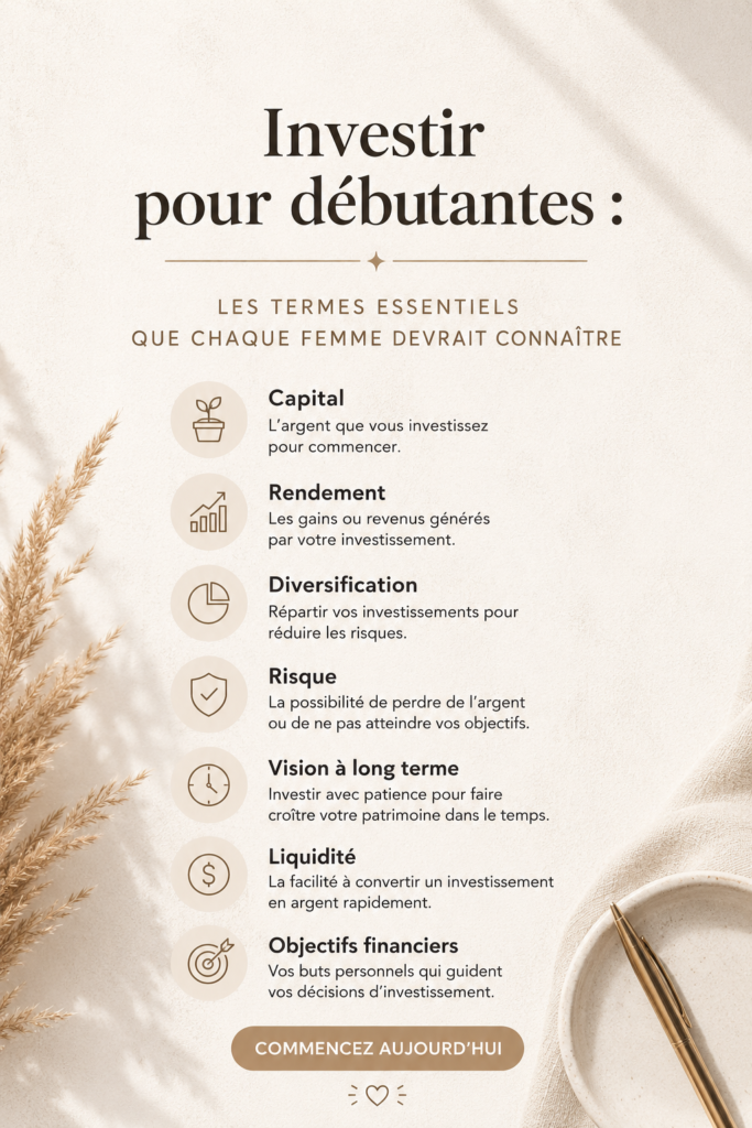Femme lisant un livre sur l'investissement, entourée de notes financières, représentant la connaissance financière pour les femmes.