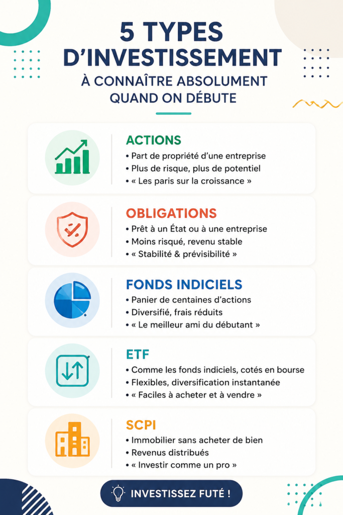 Image représentant différentes options d'investissement comme des actions, immobilier et fonds communs de placement.