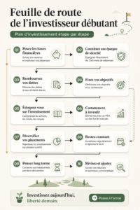Un plan d'investissement étape par étape sur une table, illustrant la liberté financière pour les débutants.