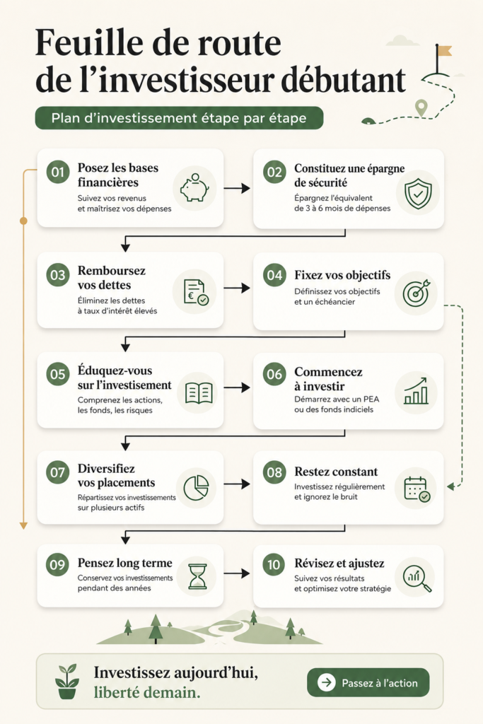 Un plan d'investissement étape par étape sur une table, illustrant la liberté financière pour les débutants.