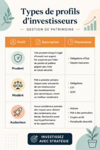 Divers profils d'investisseurs illustrés avec des descriptions claires.