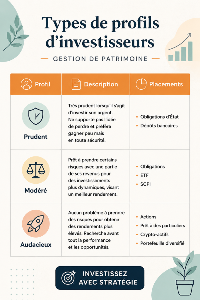 Divers profils d'investisseurs illustrés avec des descriptions claires.