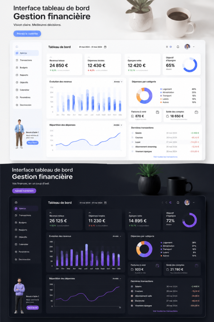 Un tableau de bord moderne pour la gestion financière avec des graphiques et des indicateurs clés.