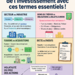 Illustration d'une femme lisant un livre sur l'investissement et les termes financiers