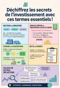 Illustration d'une femme lisant un livre sur l'investissement et les termes financiers