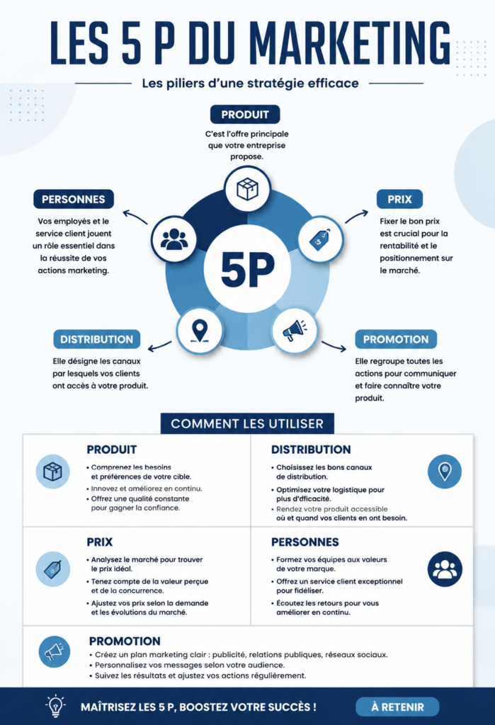 Un tableau illustrant les 5 P du marketing : produit, prix, place, promotion et personnes.