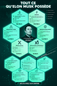 Infographie sur les possessions d'Elon Musk, illustrant ses biens et investissements.