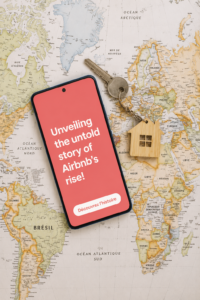 Image illustrant l'histoire d'Airbnb avec des voyageurs heureux dans des logements uniques.
