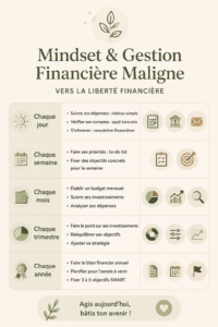 Femme réfléchissant à sa mentalité financière, entourée de notes et de calculs.