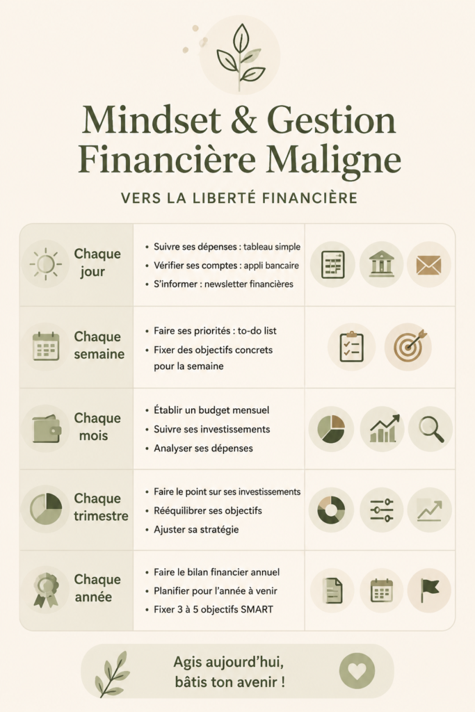 Femme réfléchissant à sa mentalité financière, entourée de notes et de calculs.