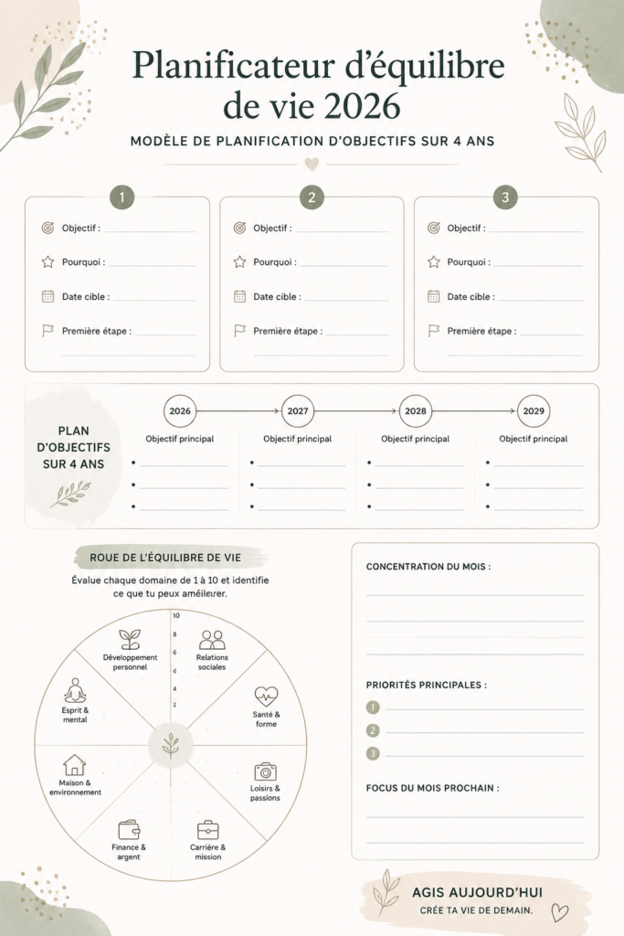 Illustration d'un planner 2026 ouvert avec des notes et un stylo, symbolisant l'organisation et la planification de la vie.