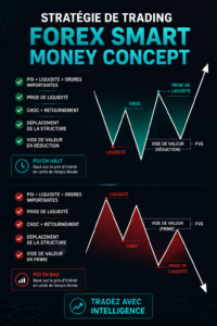 Graphique illustrant des stratégies de trading sur le Forex avec le concept Smart Money.