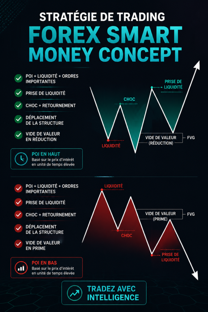 Graphique illustrant des stratégies de trading sur le Forex avec le concept Smart Money.
