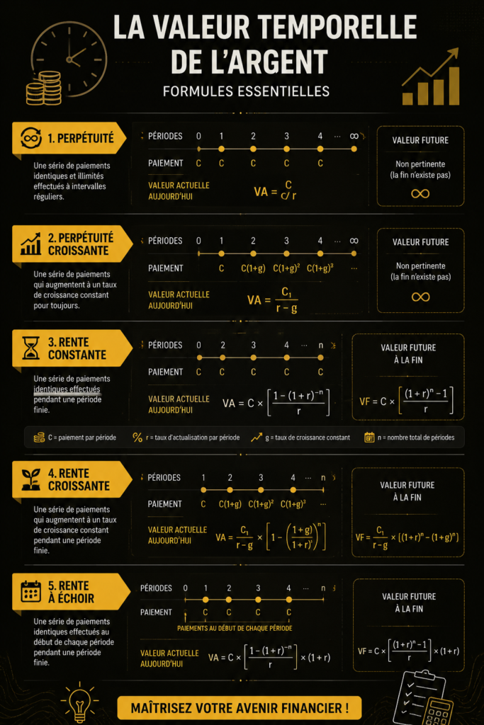Infographie sur la valeur temps de l'argent et ses formules financières