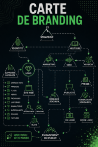 Illustration d'une carte de branding avec des éléments essentiels comme mission et valeurs.