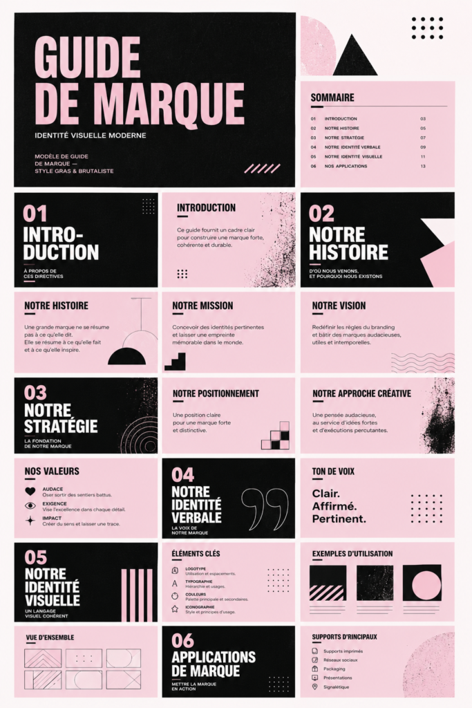 Exemple de charte graphique moderne avec des éléments audacieux.