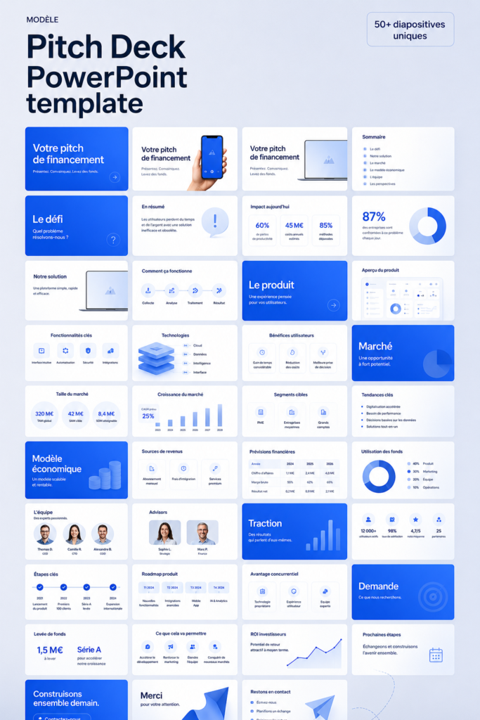 Exemple de pitch deck bien structuré avec des graphiques et des bullet points