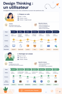 Illustration montrant le processus de design thinking avec des mots-clés comme empathie et innovation.