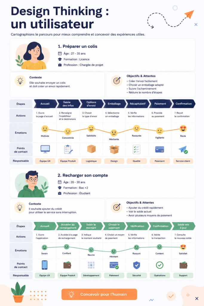 Illustration montrant le processus de design thinking avec des mots-clés comme empathie et innovation.