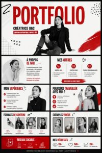 Modèle de portfolio Canva en rouge et noir, montrant des projets professionnels avec élégance.