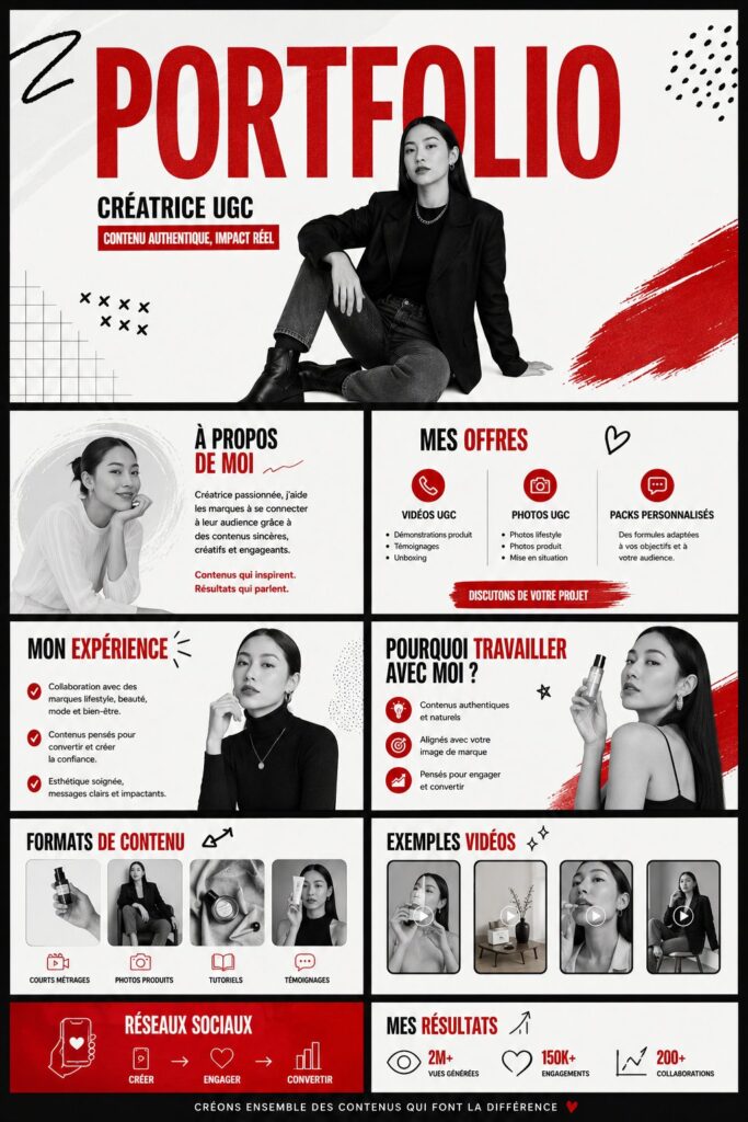 Modèle de portfolio Canva en rouge et noir, montrant des projets professionnels avec élégance.